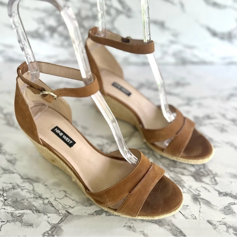 Nine West Jeranna Espadrille Tan Suede Ankle Strap Wedge Sandals 10